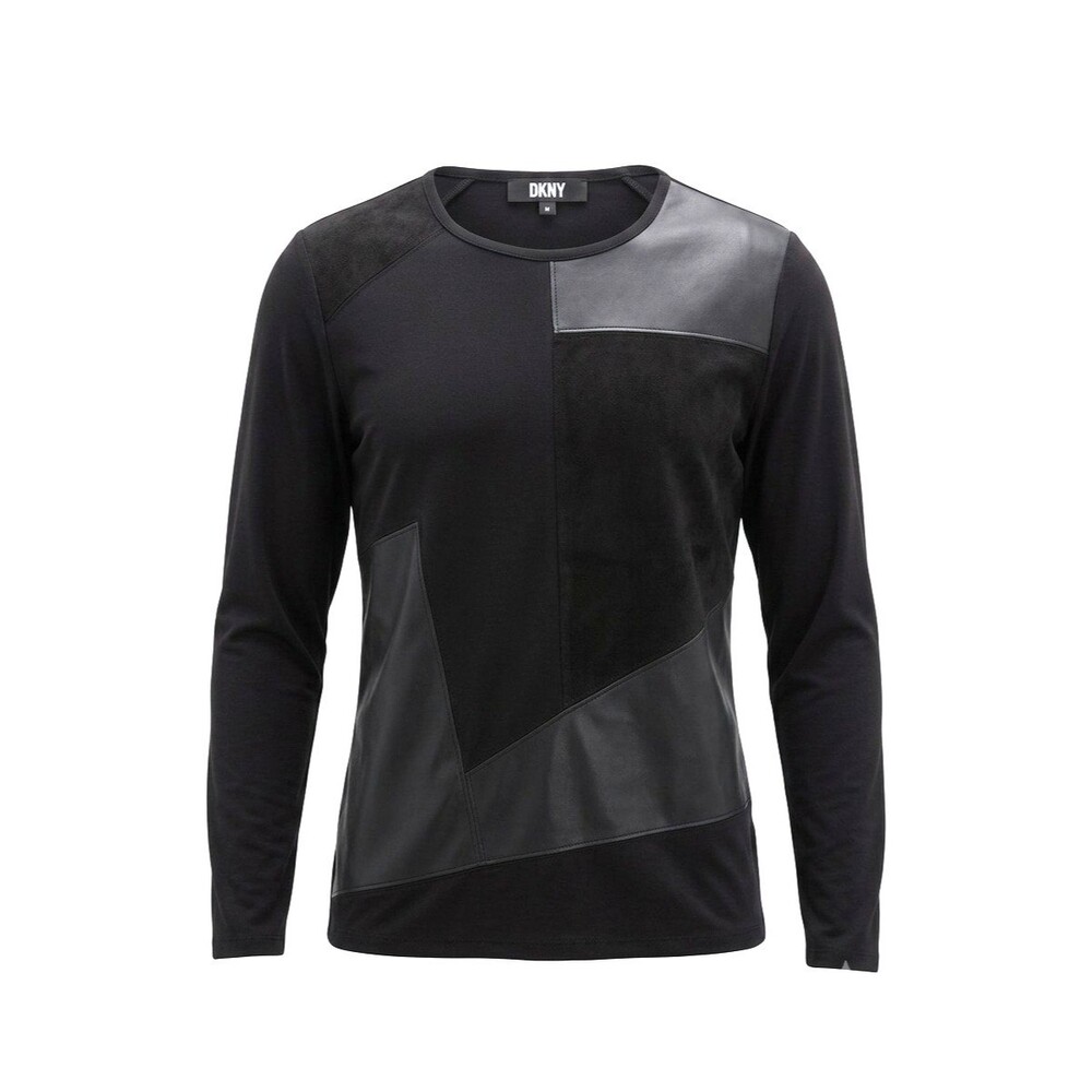 DKNY Faux Leather Suede Patchwork Top Black Mixed Media Long Sleeve Women Size M